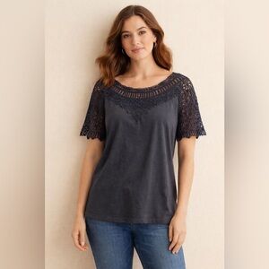 Sundance Women’s Lace Yolked Cotton Top in Charcoal Size Small